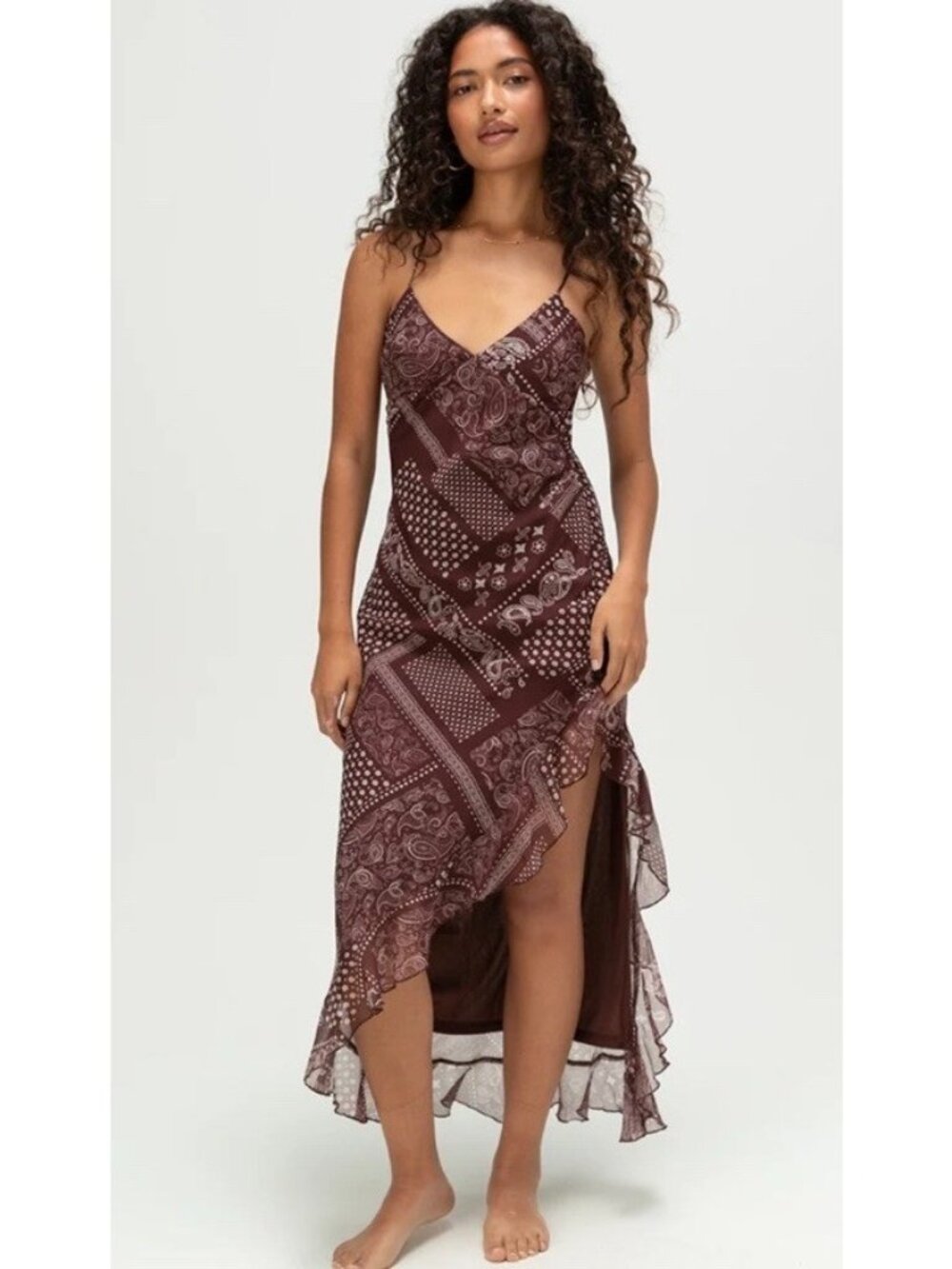 Bandana-Print Maxi Dress gown wedding guest brown size L. Western Cowgirl. Bb